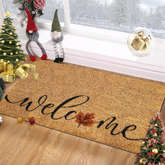 1pc Heavy Duty Coconut Brown Welcome Mat with Elegant Cursive Welcome Lettering & Maple Leaf Design   Thick 1.19cm Pile (600g/m²) Non Slip /Outdoor Mat   Beige/Brown Leaf Pattern Mat for Front Door  Porch  RV  Pet Friendly