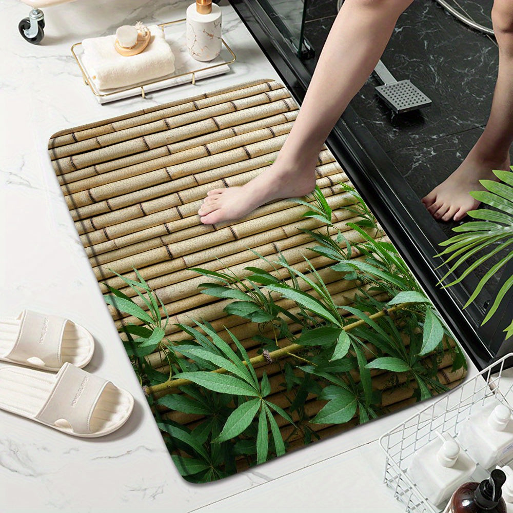 1 Serene Bamboo Bath Mat   Natural Beige Bamboo with Green Stems  Featuring a Soft Blanket Texture And a Non Slip Polyester Backing  Perfect for Bathroom Decor  Bath Mat | Tranquil Design | Soft Textured Mat