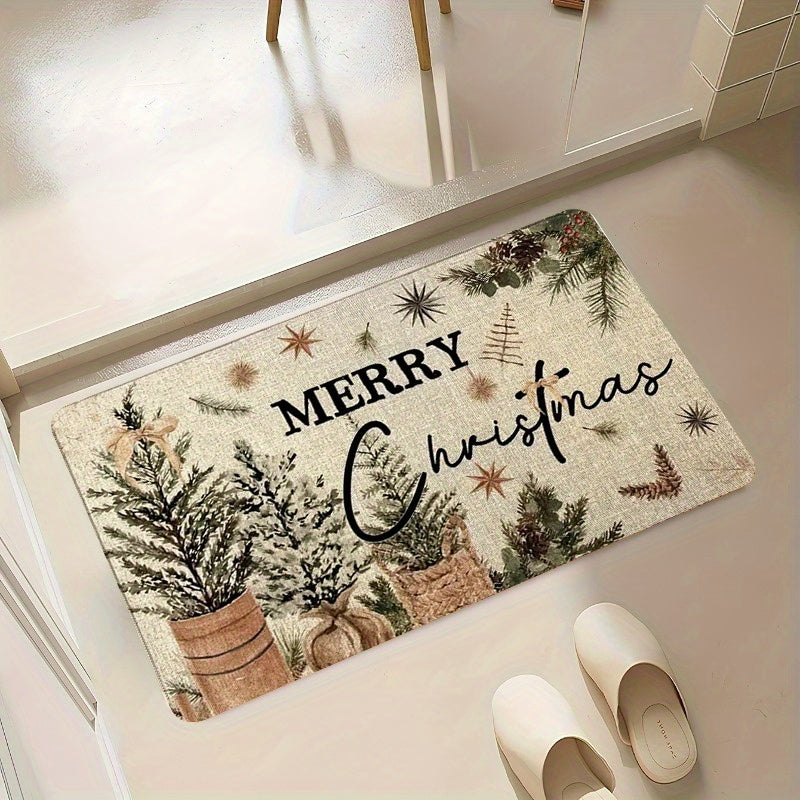 1Pc Vintage Christmas Doormat Machine Washable Polyester Festive Holiday