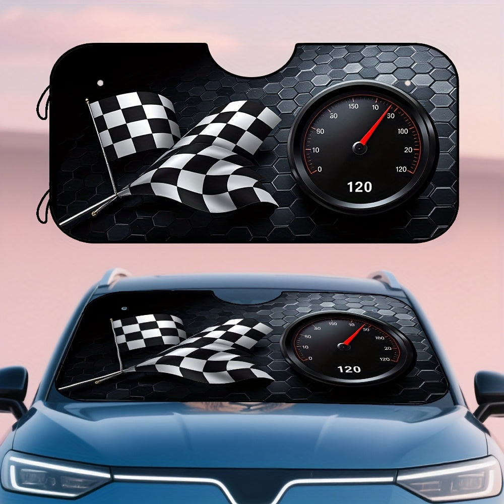1pc Racing Flags Speedometer Style Car Windshield Sunshade   Checkered Flag & 120 km/h Dial Design  Fit Foldable Sun Visor for Front Windshield  Compact & Portable for Daily Drives  Outdoor Parking  Road Trips  Vehicle Sun Protection  Sporty Aesthetic  Hi