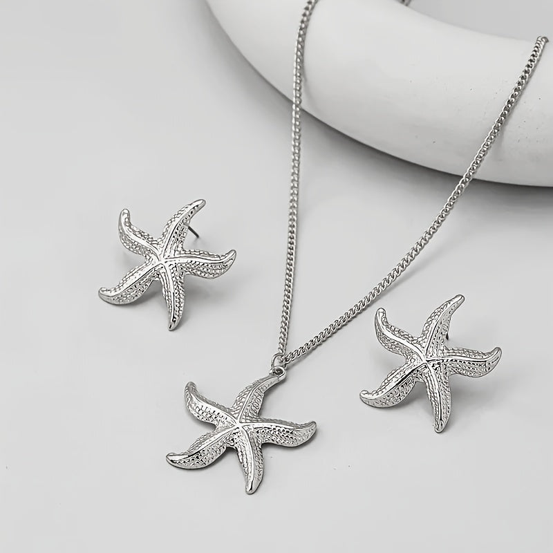 Three Piece Stylish Trendy Starfish Earrings and Necklace Set