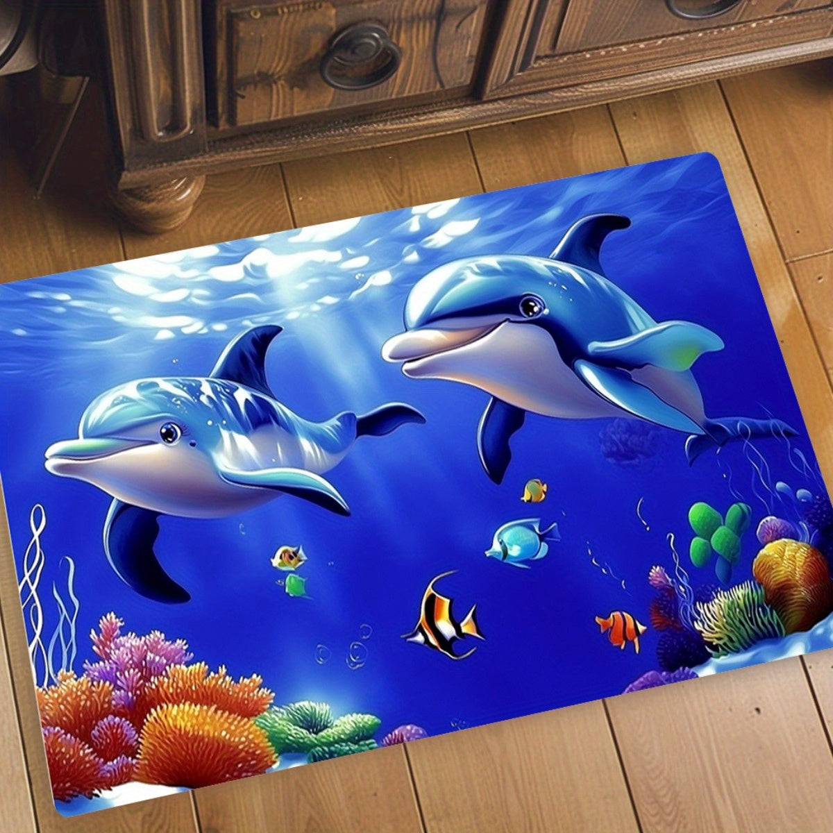 1pc Blue Ocean Cartoon Dolphins & Fish Bath Mat  Dirt & Machine Washable 100% Polyester Comfort Pad for Bathroom  Living Room  Christmas Gifts  Bath Mats for Bathroom  Festive Gift Item  Vibrant Underwater Theme  Durable Floor Covering