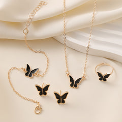 Women's Elegant Butterfly Pendant Necklace & Layered Chain Set   Golden Toned Black Butterfly Design  Minimalist Bohemian Style Interlocking Link Necklace with Delicate Butterfly Charm  Versatile Everyday & Formal Jewelry for Women  Year Round Layered Nec
