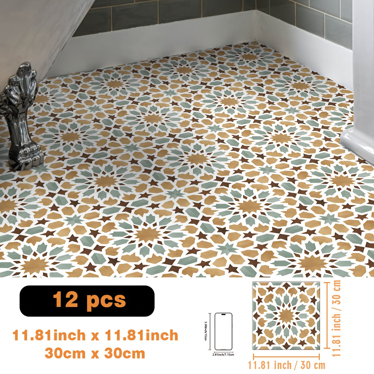 12/36pcs Retro Arabian Style  Mosaic Pattern Self Adhesive Vinyl Floor Tiles  Removable and Easy to Install  Suitable for Cabinets  Living Room  Bedroom  Balcony  Entryway  etc.  Size: 19.99/30.0cm  Flooring Self Adhesive Tile  Flooring Tile Self Adhesive