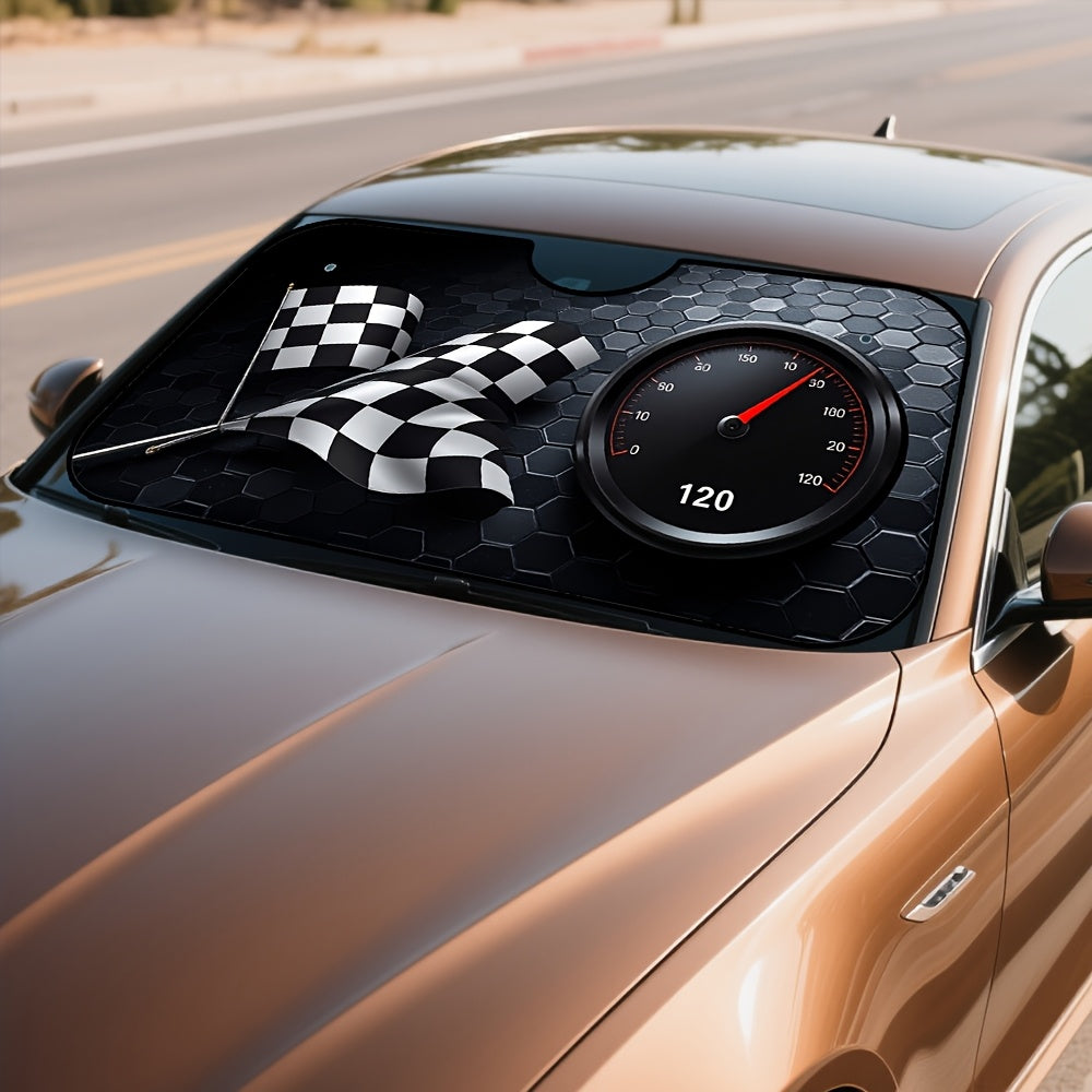 1pc Racing Flags Speedometer Style Car Windshield Sunshade   Checkered Flag & 120 km/h Dial Design  Fit Foldable Sun Visor for Front Windshield  Compact & Portable for Daily Drives  Outdoor Parking  Road Trips  Vehicle Sun Protection  Sporty Aesthetic  Hi