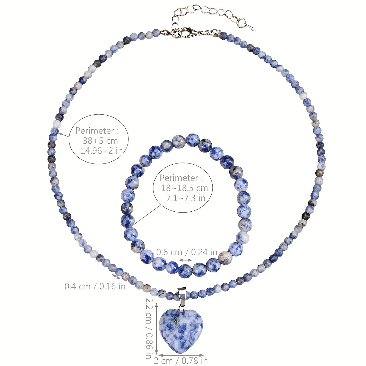 2pcs Blue Dot Stone Love Pendant Necklace Bracelet Set Retro Bohemian Summer Vacation Gift Natural Stone Handmade Jewelry