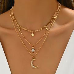 An Elegant Bohemian Style Multi Layer Golden Necklace with Star and Moon Pendants   Perfect Gift for Friendship  Suitable for Gifting and Casual Attire  For Teenager