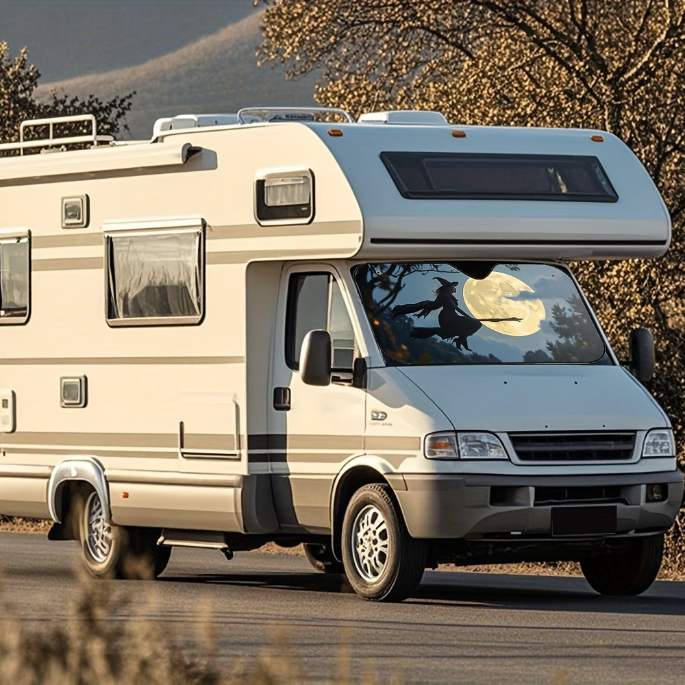 1pc Gothic Witch Flying on Broomstick with Bats & Moon  Sun Visor   Fit Glowing Eyes Design  Dark  Night Sky & Witches Hat   Premium Sun Protection for Family Road Trips  Spooky  Accessories (Halloween & Everyday Use)   Easy Clip On Installation  Durable