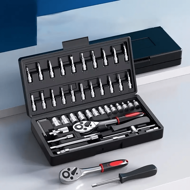 Summer special offer  46pcs multi functional maintenance tool set  portable outdoor machinery emergency repair kit  easy to deal with emergencies  including ratchet wrench  sleeve set  screwdriver head  extension rod  storage box  etc