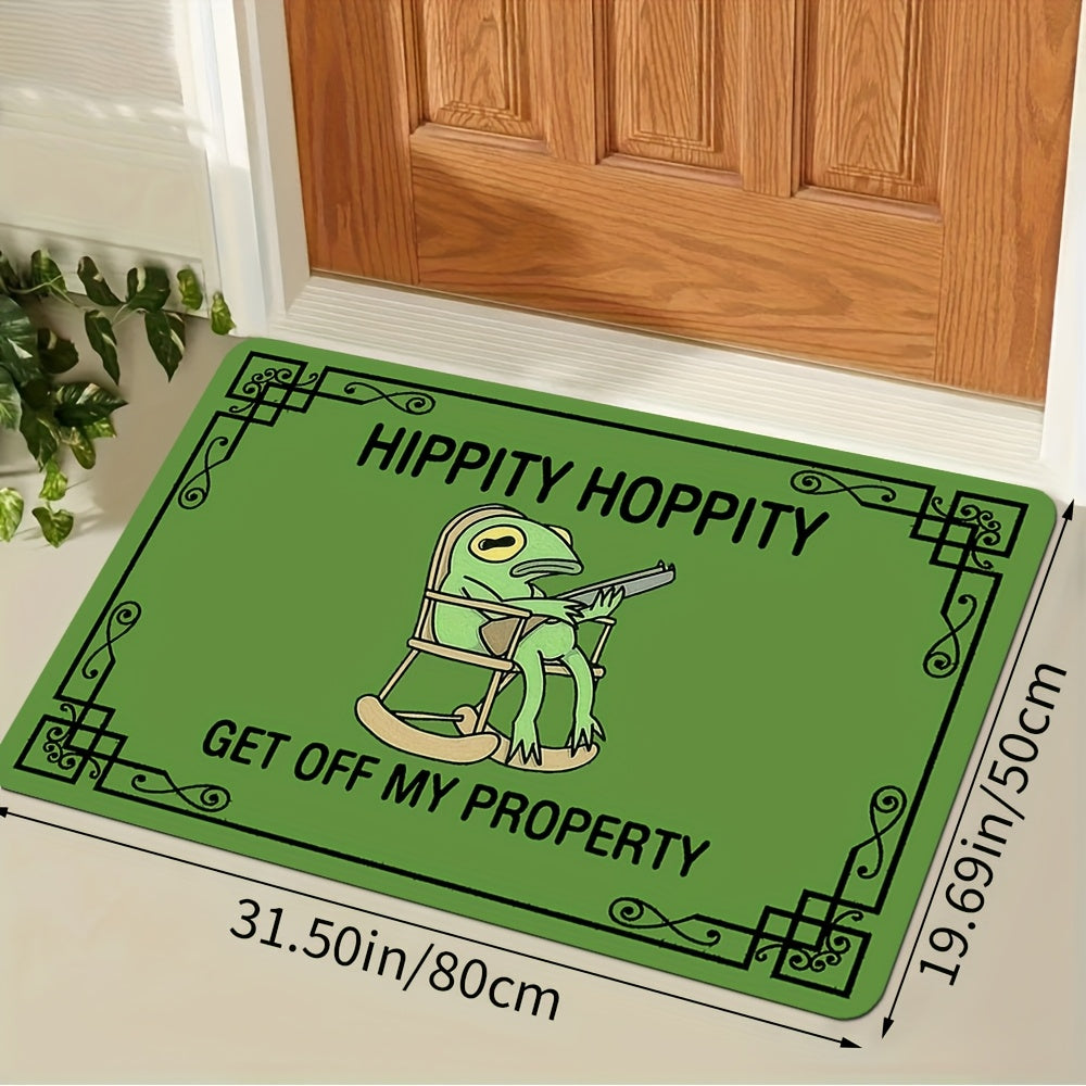 1pc Luxury Green Frog Mat with "HIPPITY HOPPITY GET OFF MY PROPERTY" Design   Non Slip  Machine Washable Polyester Floor Mat for Entryway  Living Room  Bathroom  and Balcony Decor   Ideal Spring & Summer Gift  Bathroom Mat | Playful Design | Durable Floor