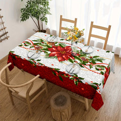 Christmas Poinsettia Floral Tablecloth with Red & White Snowflake Pattern   Red/Green Holiday Table Cover  Durable Fabric for Weddings  Parties  Everyday Dining   Easy Clean Square Tablecloth for Christmas Decorations  Festive Poinsettia Design with Holly