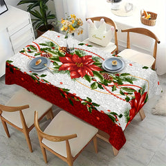 Christmas Poinsettia Floral Tablecloth with Red & White Snowflake Pattern   Red/Green Holiday Table Cover  Durable Fabric for Weddings  Parties  Everyday Dining   Easy Clean Square Tablecloth for Christmas Decorations  Festive Poinsettia Design with Holly