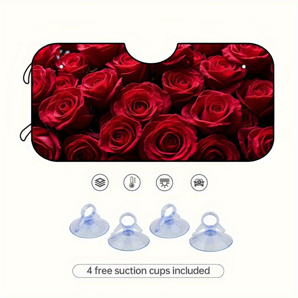 1pc Red Roses & Dewdrops Car Sunshade   Foldable Polyester Windshield Cover with Vibrant Red Roses Design  UV Protection & Heat Reduction for Daily Commuting  City Parking  Outdoor Adventures  Sun Visor for Car  Travel Essentials  Romantic Design  Durable