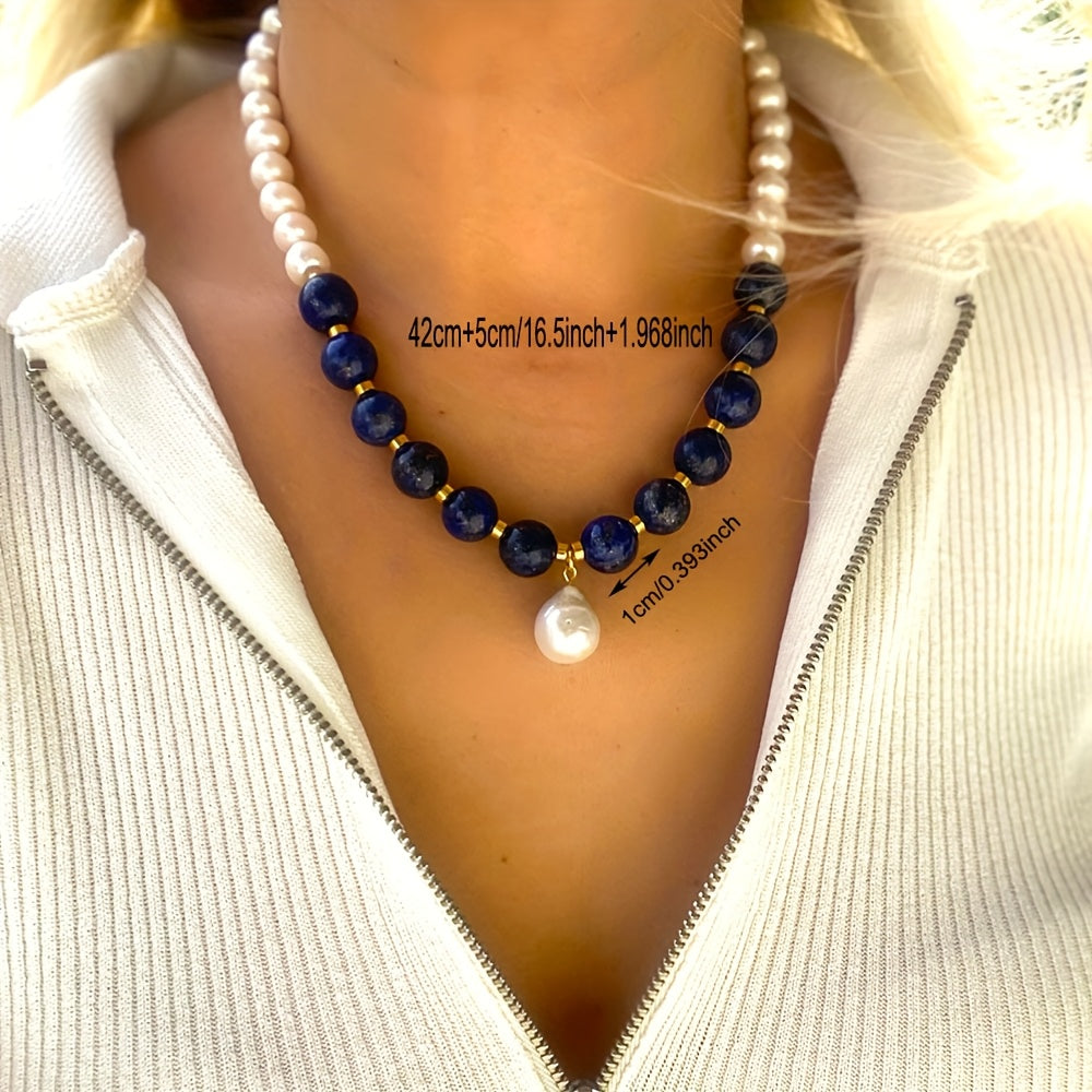 Handcrafted Bohemian Lapis Lazuli & Imitation Pearl Necklace   Elegant Stone Bead Jewelry  Perfect Birthday Gift for Women  Versatile for Daily Wear or Mother'S Day  Daily Wear Accessory|Elegant Beaded Design|Artisan Crafted