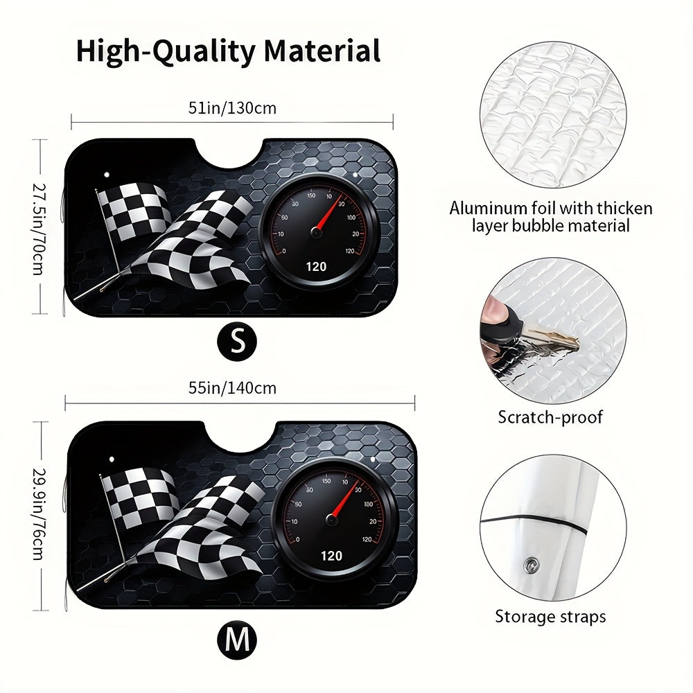1pc Racing Flags Speedometer Style Car Windshield Sunshade   Checkered Flag & 120 km/h Dial Design  Fit Foldable Sun Visor for Front Windshield  Compact & Portable for Daily Drives  Outdoor Parking  Road Trips  Vehicle Sun Protection  Sporty Aesthetic  Hi