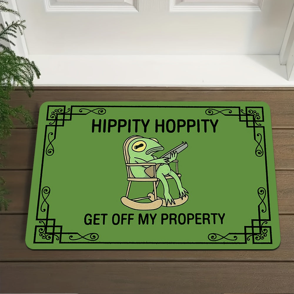 1pc Luxury Green Frog Mat with "HIPPITY HOPPITY GET OFF MY PROPERTY" Design   Non Slip  Machine Washable Polyester Floor Mat for Entryway  Living Room  Bathroom  and Balcony Decor   Ideal Spring & Summer Gift  Bathroom Mat | Playful Design | Durable Floor