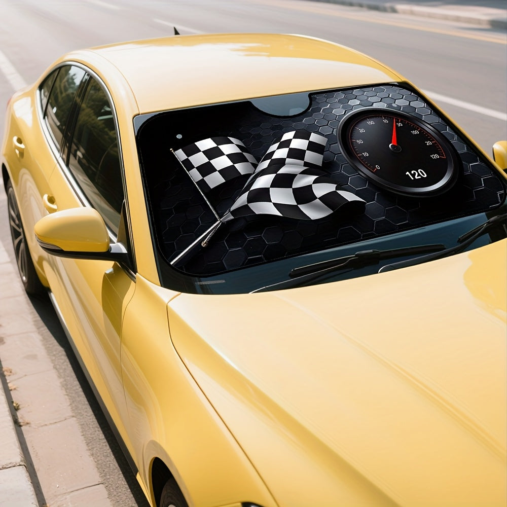 1pc Racing Flags Speedometer Style Car Windshield Sunshade   Checkered Flag & 120 km/h Dial Design  Fit Foldable Sun Visor for Front Windshield  Compact & Portable for Daily Drives  Outdoor Parking  Road Trips  Vehicle Sun Protection  Sporty Aesthetic  Hi