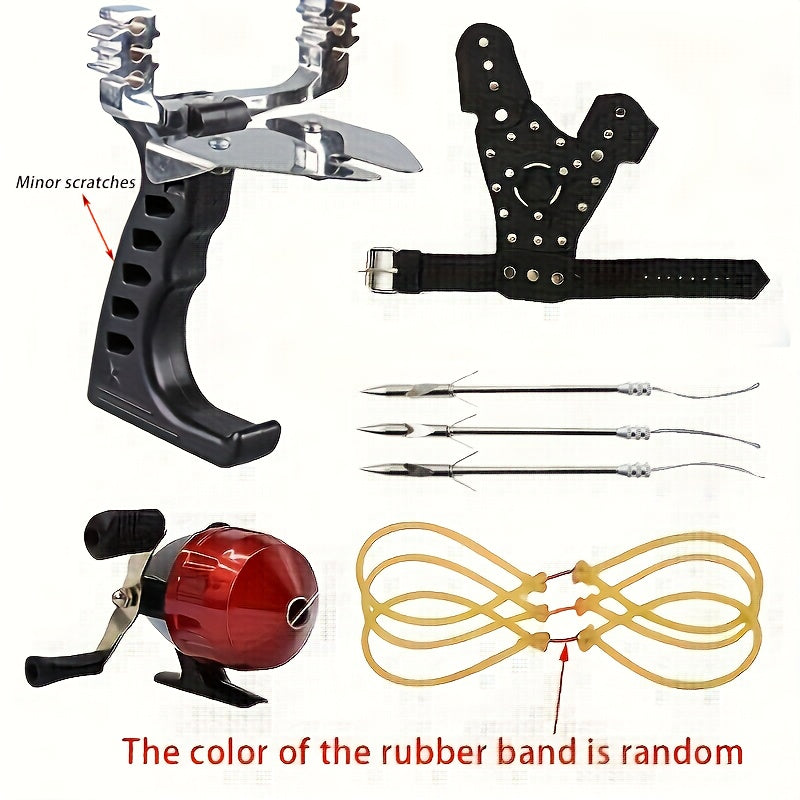 Multi Functional And Durable Outdoor Hunting Slingshot Set with Fishing Accessories Adult Slingshot Fits Snugly On The Hand And Has Good Grip Stability Comes with Fishing Wheel And Rolling Wheel Multi Functional Slingshot Hunting