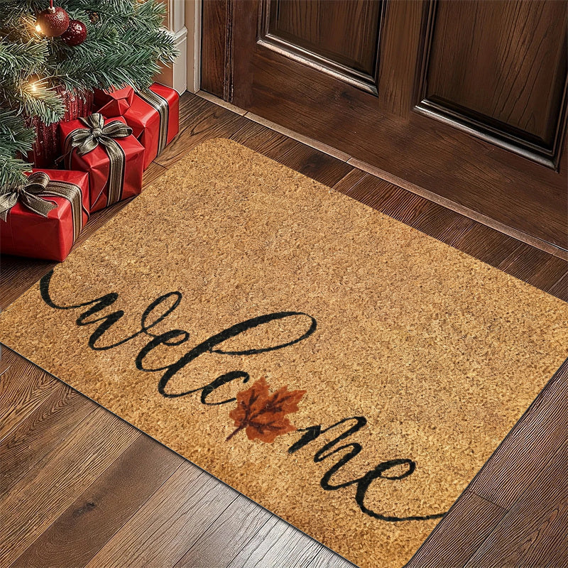 1pc Heavy Duty Coconut Brown Welcome Mat with Elegant Cursive Welcome Lettering & Maple Leaf Design   Thick 1.19cm Pile (600g/m²) Non Slip /Outdoor Mat   Beige/Brown Leaf Pattern Mat for Front Door  Porch  RV  Pet Friendly