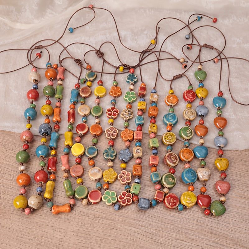 Bohemian Style Ceramic Pearl Adjustable Necklace   Handmade  High Temperature Fired  Multicolor Rose Pattern Gemstone  Versatile Sweater Chain. Bohemian Fashion Jewelry  Perfect for Daily Wear and Special Occasions  Ideal Gift for Valentine'S Day  Mother'