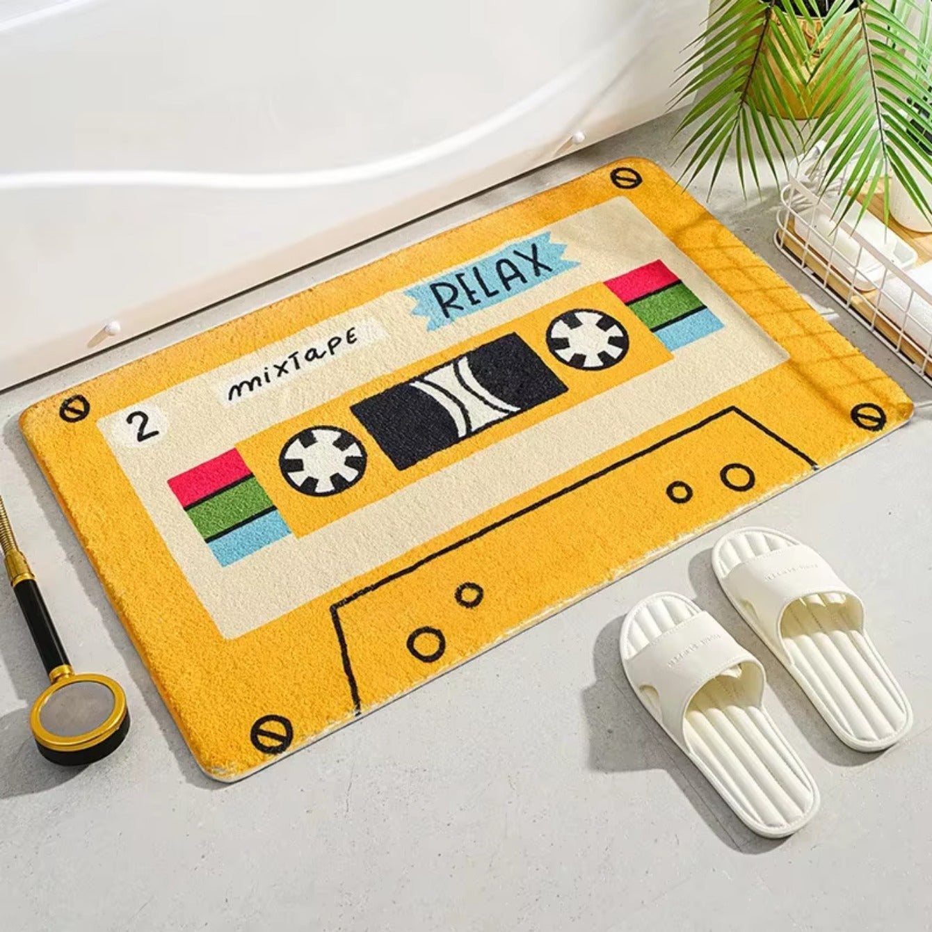 Retro Cassette Tape Doormat Non Slip Yellow Bathroom