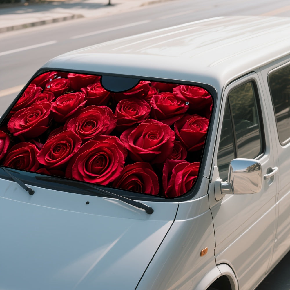 1pc Red Roses & Dewdrops Car Sunshade   Foldable Polyester Windshield Cover with Vibrant Red Roses Design  UV Protection & Heat Reduction for Daily Commuting  City Parking  Outdoor Adventures  Sun Visor for Car  Travel Essentials  Romantic Design  Durable