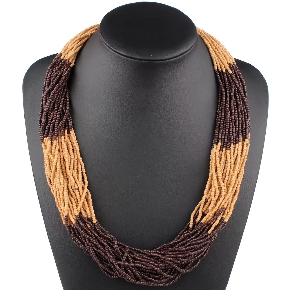 Colorful Bohemian Handmade Beaded Necklace   Multi Layer Glass Rice Beads in Vibrant Striped Pattern  Lightweight & Luxurious Design for Casual Attire or Parties  Vibrant Outfit Accent | Asymmetrical Necklace | Glass Bead Jewelry