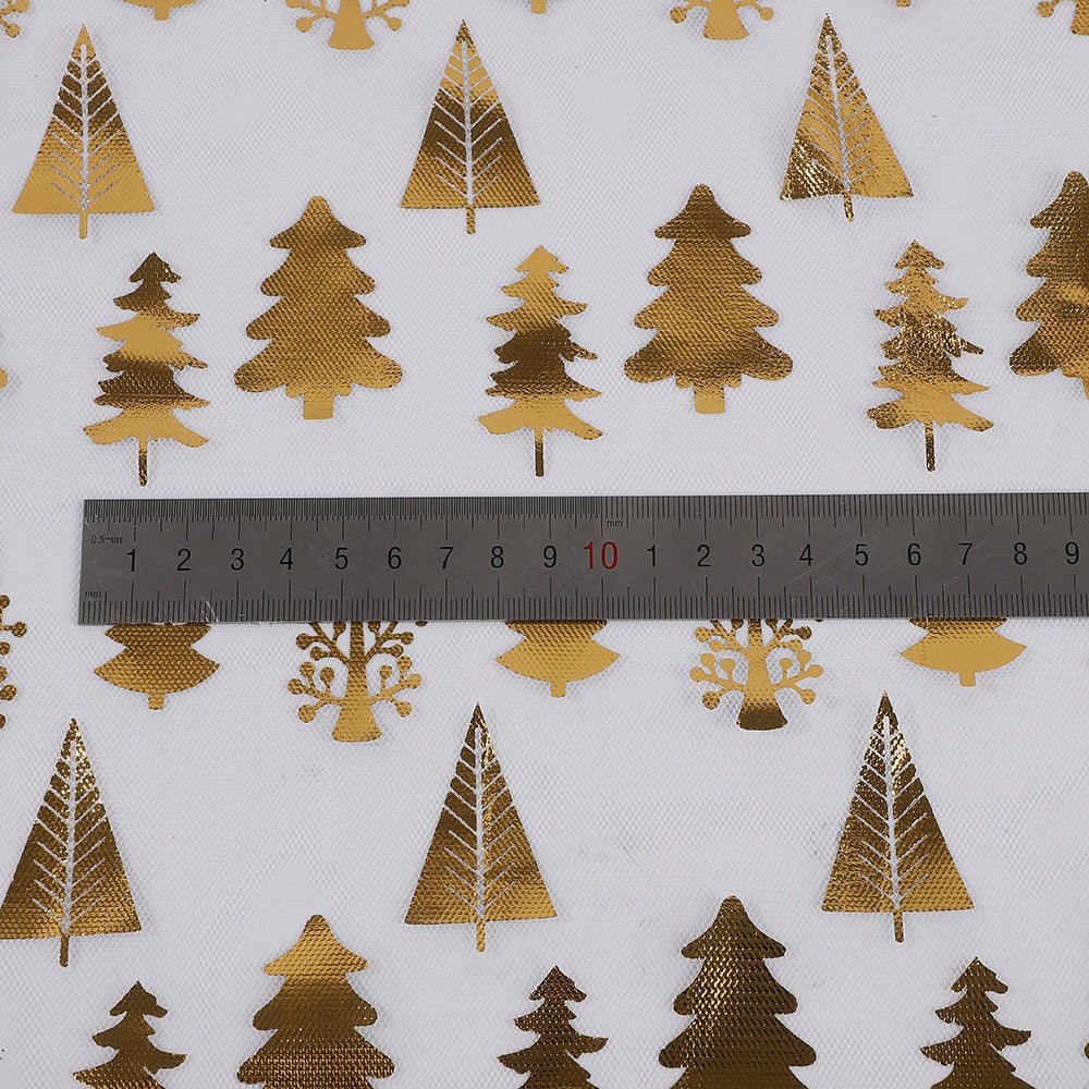 1pc Sparkling Golden Christmas Organza Fabric   Large Roll (149.86cm x 50.04cm) Pre Cut Sheer Gauze with Golden Pine Trees  Holly & Snowflakes Print   100% Polyester for DIY Wedding  Party Decorations  Tablecloth  Drapes  Quilting   Shimmering Golden