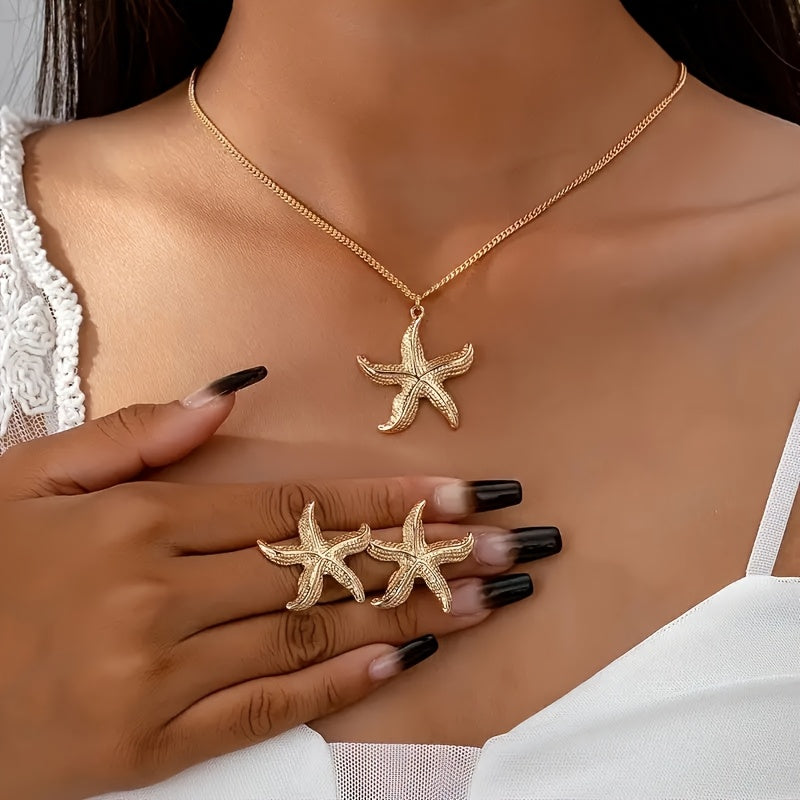 Three Piece Stylish Trendy Starfish Earrings and Necklace Set