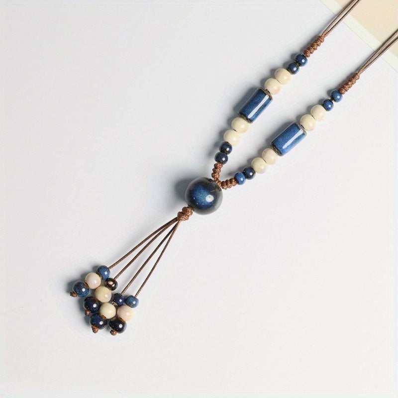 Bohemian Style Ceramic Bead Necklace  Traditional Hanfu & Cheongsam Accessory  Versatile Sweater Chain  Burgundy & Peacock Blue  Weave Material  Fashion Jewelry for Autumn and Winter