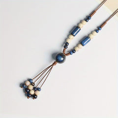 Bohemian Style Ceramic Bead Necklace  Traditional Hanfu & Cheongsam Accessory  Versatile Sweater Chain  Burgundy & Peacock Blue  Weave Material  Fashion Jewelry for Autumn and Winter