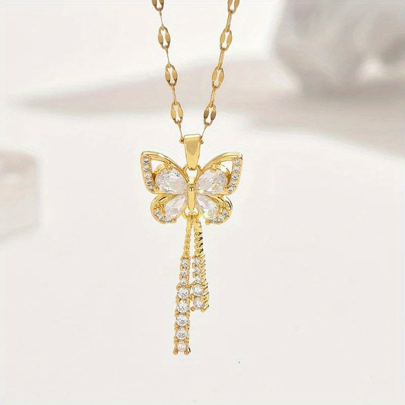 Exquisite Micro Inlaid Synthetic Cubic Zirconiaia Butterfly Tassel Stainless Steel Necklace with  Perfect Gift for Fashion forward Women