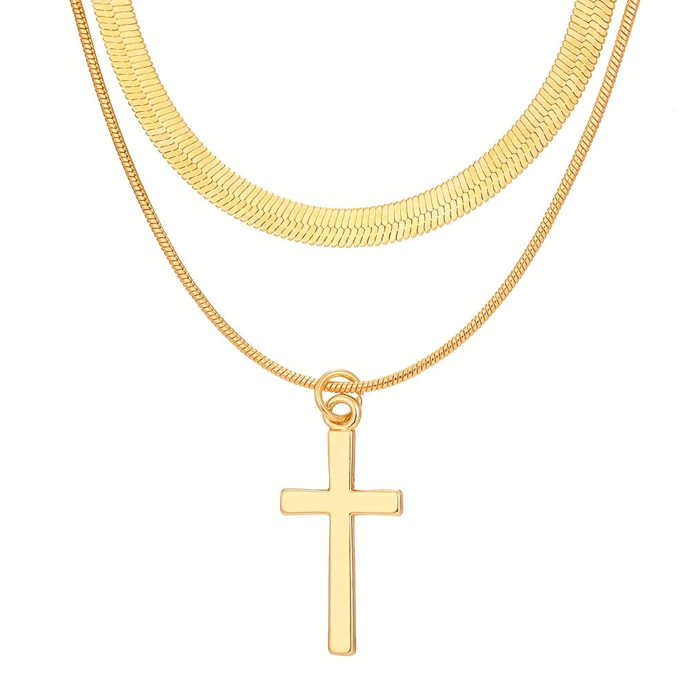 2pcs Layered Golden Toned Cross Pendant Necklace Set for   Layered Snake Chain Double Cross Pendants  Minimalist Everyday & Party  Year Round Versatile Necklace Combo ( Golden Look  No Plating)   Gift Ready