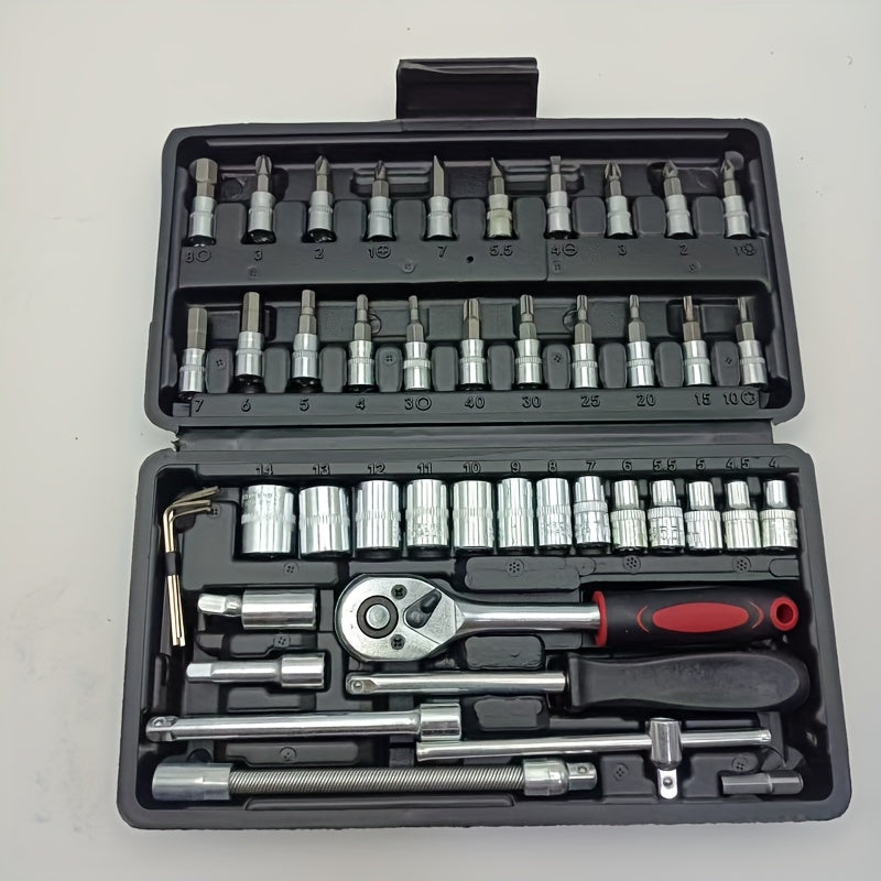 Summer special offer  46pcs multi functional maintenance tool set  portable outdoor machinery emergency repair kit  easy to deal with emergencies  including ratchet wrench  sleeve set  screwdriver head  extension rod  storage box  etc