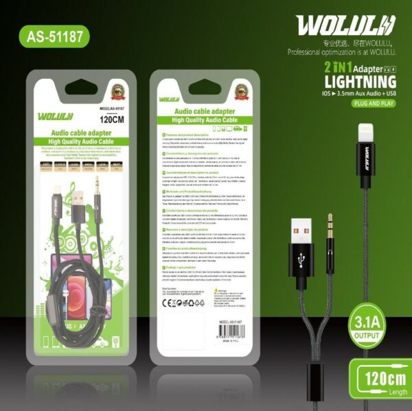 Wolulu AS-51187 Lightning – USB + 3.5mm Adapter Cable 1.2m