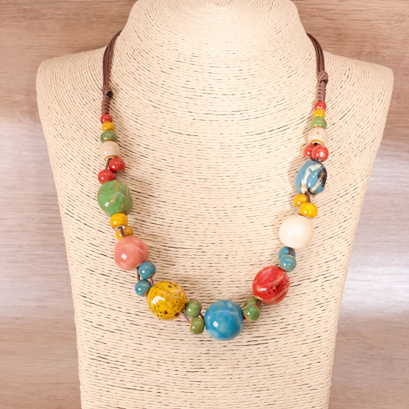 Bohemian Style Brown Synthetic Fiber Rope Ceramic Bead Necklace   Handwoven Vintage Ethnic Style Adjustable Women'S Necklace  Elegant Daily Wear | Bohemian Vintage Style | Adjustable Necklace High Temperature Kiln Fired Ceramic Beads  Women'S Daily Access