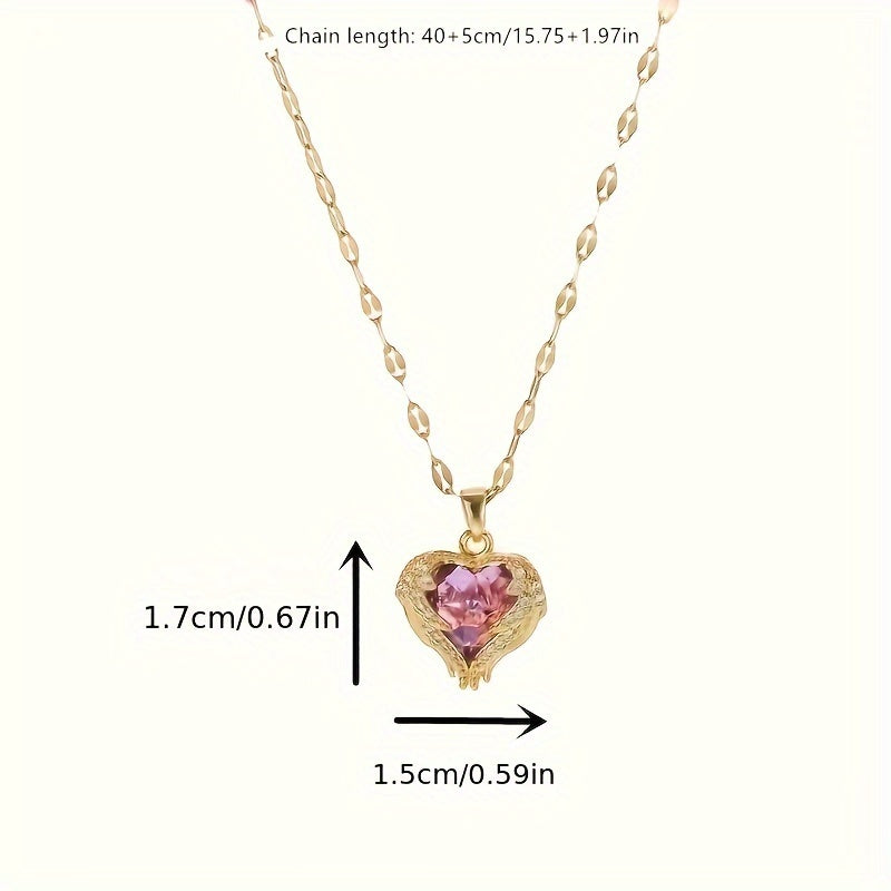 Elegant Golden Tone Stainless Steel Heart Pendant Necklace for Women   Synthetic Pink & Purple Synthetic Gems Accents  Holiday Jewelry Gift for Christmas Valentine's Day  Year Round Versatile for Daily & Party Wear  Necklace for Couples  Romantic Present