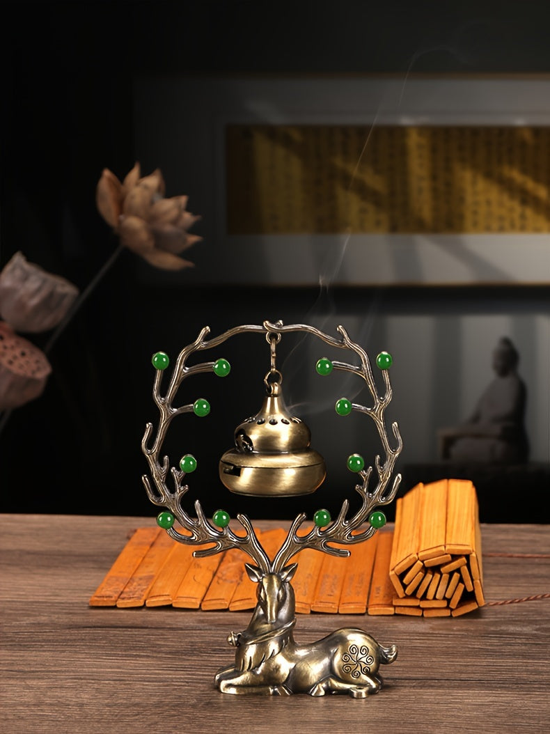 LASODY Elegant Chinese Style Incense Burner with Deer Base   Metal  Green Jade Beads & Golden Bell  Perfect for Home Decor  Christmas  Valentine's  Thanksgiving  Mother'S & Father'S Day  Accessory|Traditional Aesthetic|Elegant Design  Incense Holde