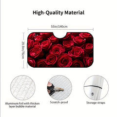 1pc Red Roses & Dewdrops Car Sunshade   Foldable Polyester Windshield Cover with Vibrant Red Roses Design  UV Protection & Heat Reduction for Daily Commuting  City Parking  Outdoor Adventures  Sun Visor for Car  Travel Essentials  Romantic Design  Durable