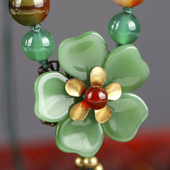Ethnic Chinese Style Adjustable Alloy & Agate Bead Necklace with Floral Petal Pendant   Green & Red Beads for Women  Daily Wear & Holiday Jewelry  Lunar New Year Gift  Beaded Jewelry  Festive Accessory  Vibrant Accessory  Goldtoned Hardware  Seasonal Acce