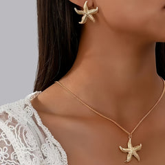 Three Piece Stylish Trendy Starfish Earrings and Necklace Set