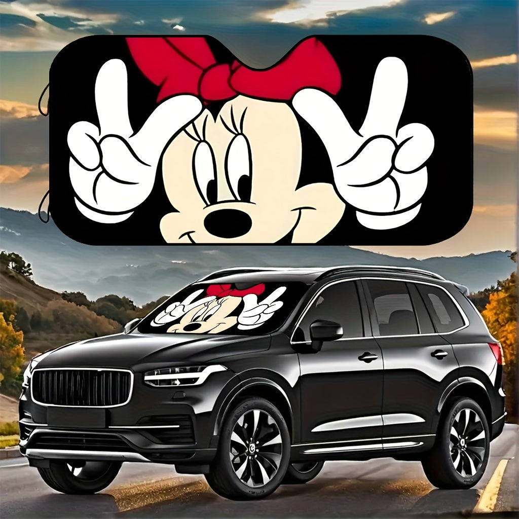 DISNEY Authorized 1pc Mickey Pattern Car Sun Visor  Suitable for Vehicle Interior Accessories  129.54cm x 69.85cm  4 Easy To Install Suction Cups  Polyester Foldable Windshield Sunshade  Keep The Car Cool
