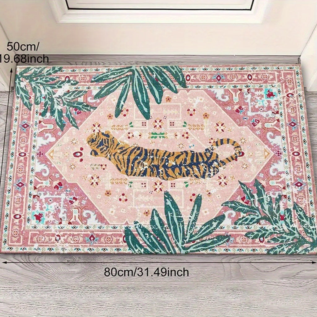 1Pc Tiger And Plant Pattern Printed Doormat Entryway Dining