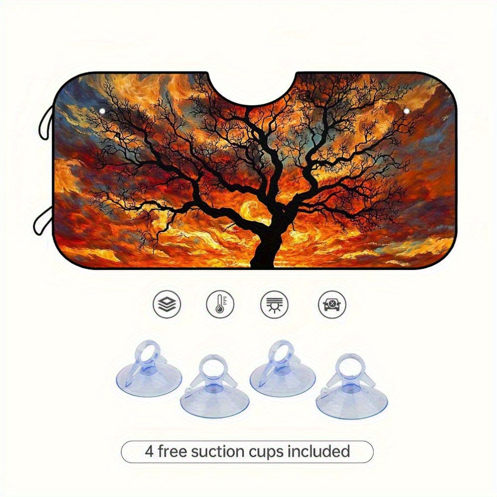 1pc Fiery Sunset Tree Silhouette Car Sunshade   Foldable Design  Vibrant Orange & Red Art Pattern  Perfect for Daily Drives  Grocery Runs  and Events  Easy to Store  Enhances Every Ride  Car Sunshade