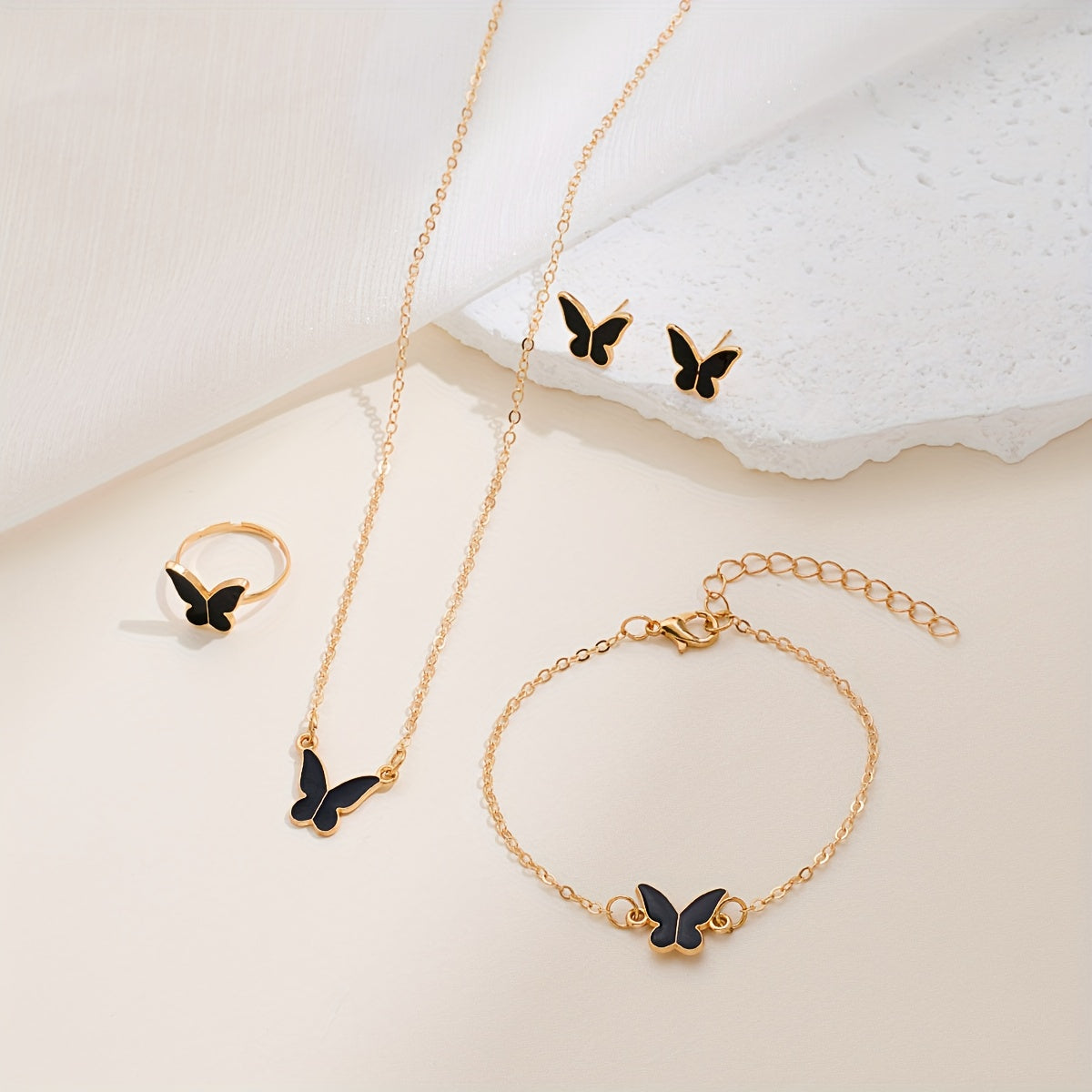 Women's Elegant Butterfly Pendant Necklace & Layered Chain Set   Golden Toned Black Butterfly Design  Minimalist Bohemian Style Interlocking Link Necklace with Delicate Butterfly Charm  Versatile Everyday & Formal Jewelry for Women  Year Round Layered Nec