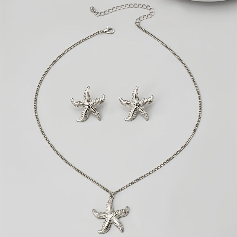 Three Piece Stylish Trendy Starfish Earrings and Necklace Set