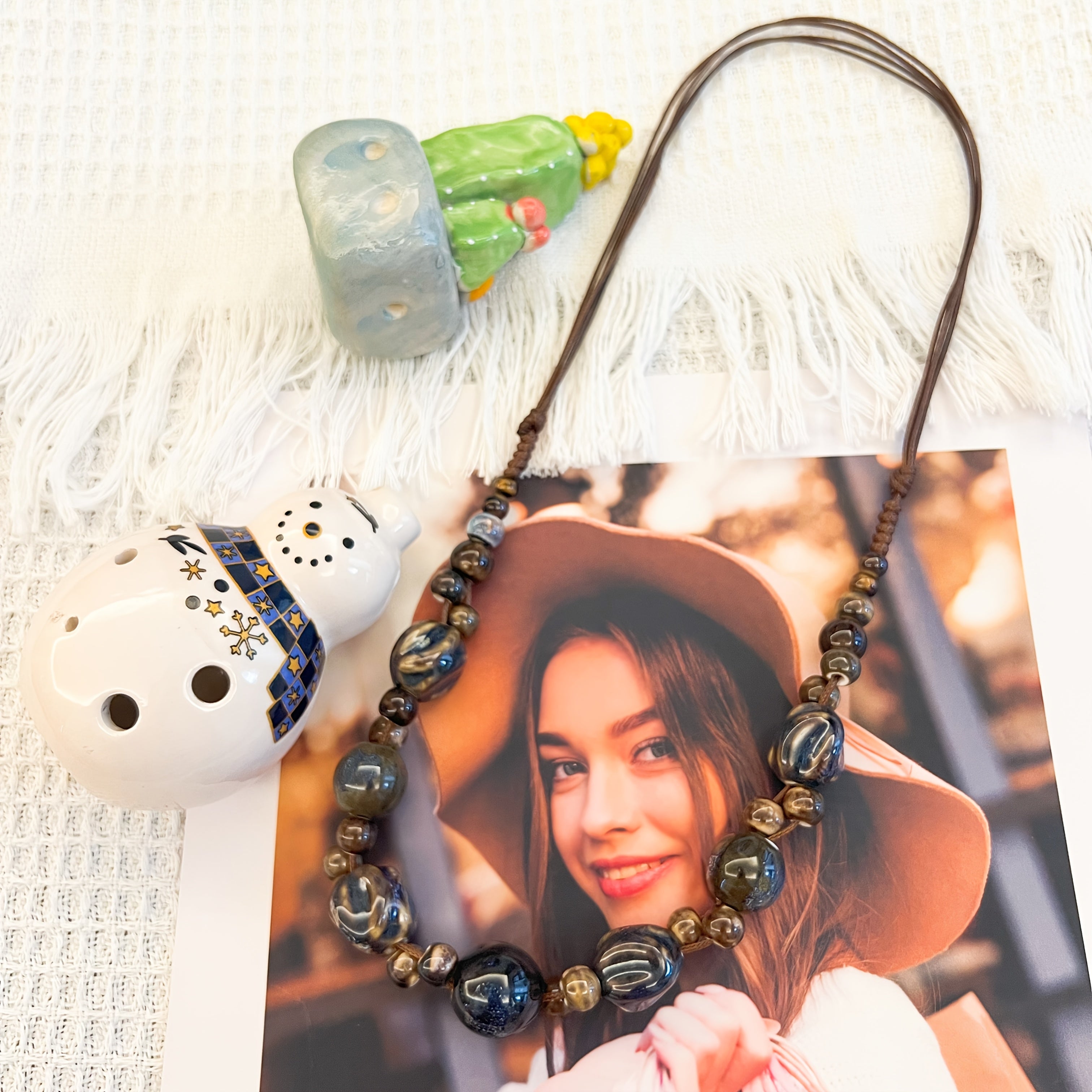 Women's Bohemian Handmade Clay Bead Necklace   Adjustable Turquoise/Green/Blue/Grey/Black/Marble Beads  Boho Ceramic Jewelry Gift for December Birthdays  Valentine’s Day  Everyday & Party Wear  Earth Tone All Season Accessory