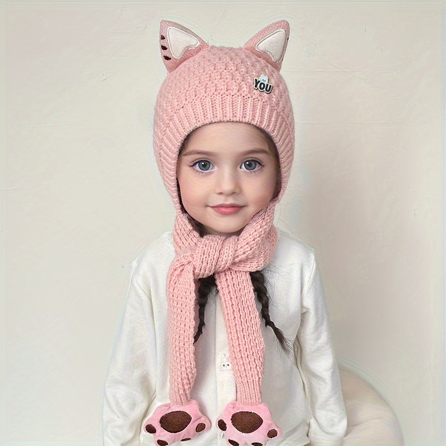 1pc Adorable Cat Ear Warm Hat for Kids   Cozy Knit Hooded Cape with Paw Prints  Stretch Fit  Perfect for Fall/Winter Outdoor Activities  Great for 8 12 Years Olds  Cat Hat