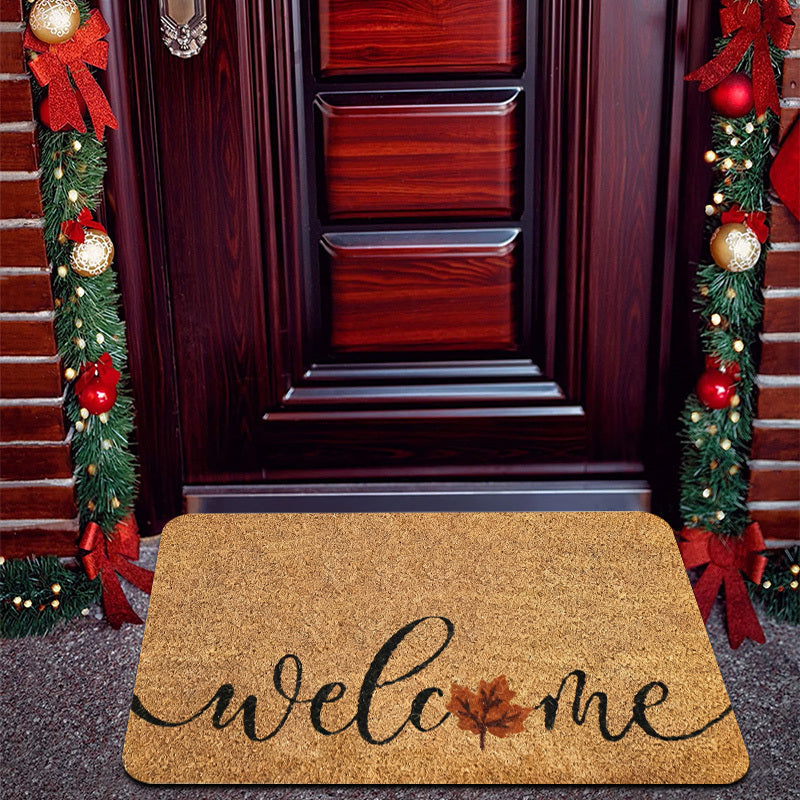 1pc Heavy Duty Coconut Brown Welcome Mat with Elegant Cursive Welcome Lettering & Maple Leaf Design   Thick 1.19cm Pile (600g/m²) Non Slip /Outdoor Mat   Beige/Brown Leaf Pattern Mat for Front Door  Porch  RV  Pet Friendly