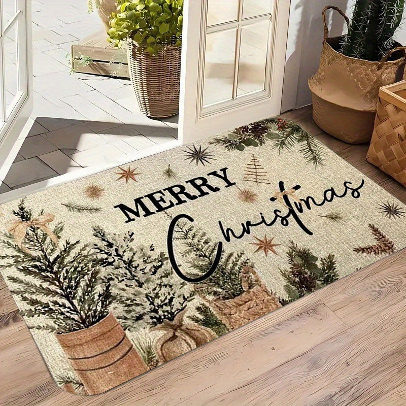 1Pc Vintage Christmas Doormat Machine Washable Polyester Festive Holiday